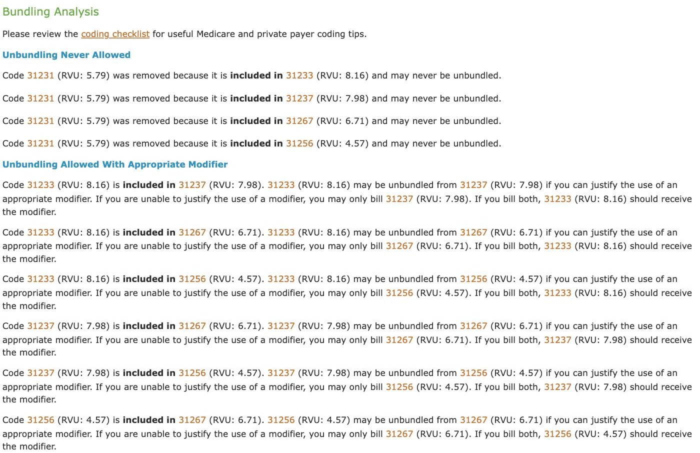 CodingToday bundling analysis explaining which codes may be unbundled with a modifier